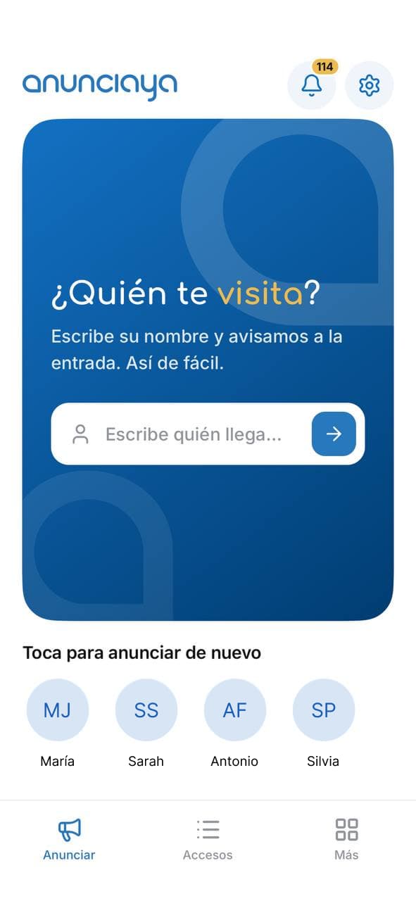 App móvil de AnunciaYa: pantalla de inicio para anunciar visitas y controlar el acceso del condominio